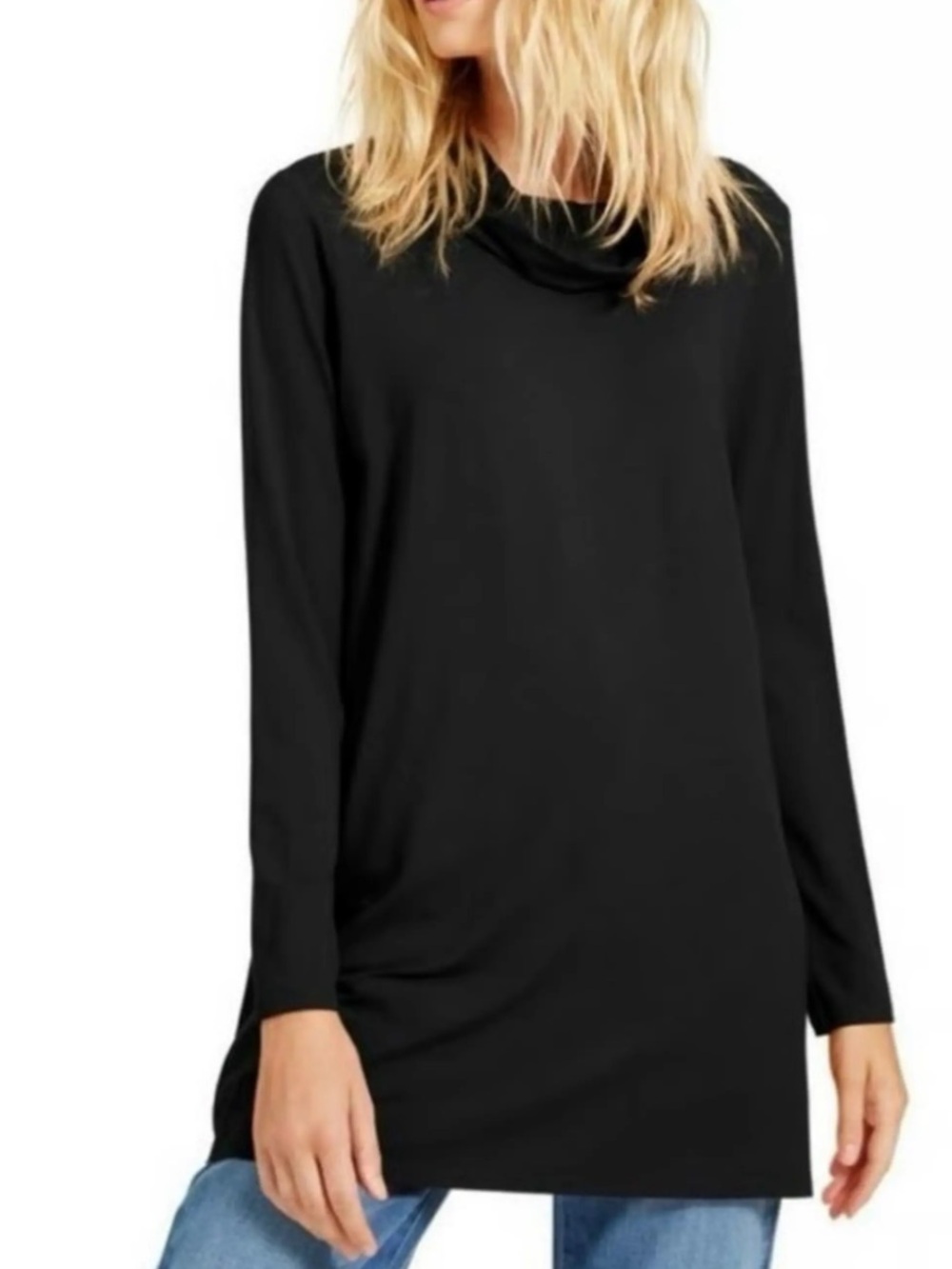 Eileen Fisher Viscose Stretch Jersey Cowl Neck Long Sleeve Tunic